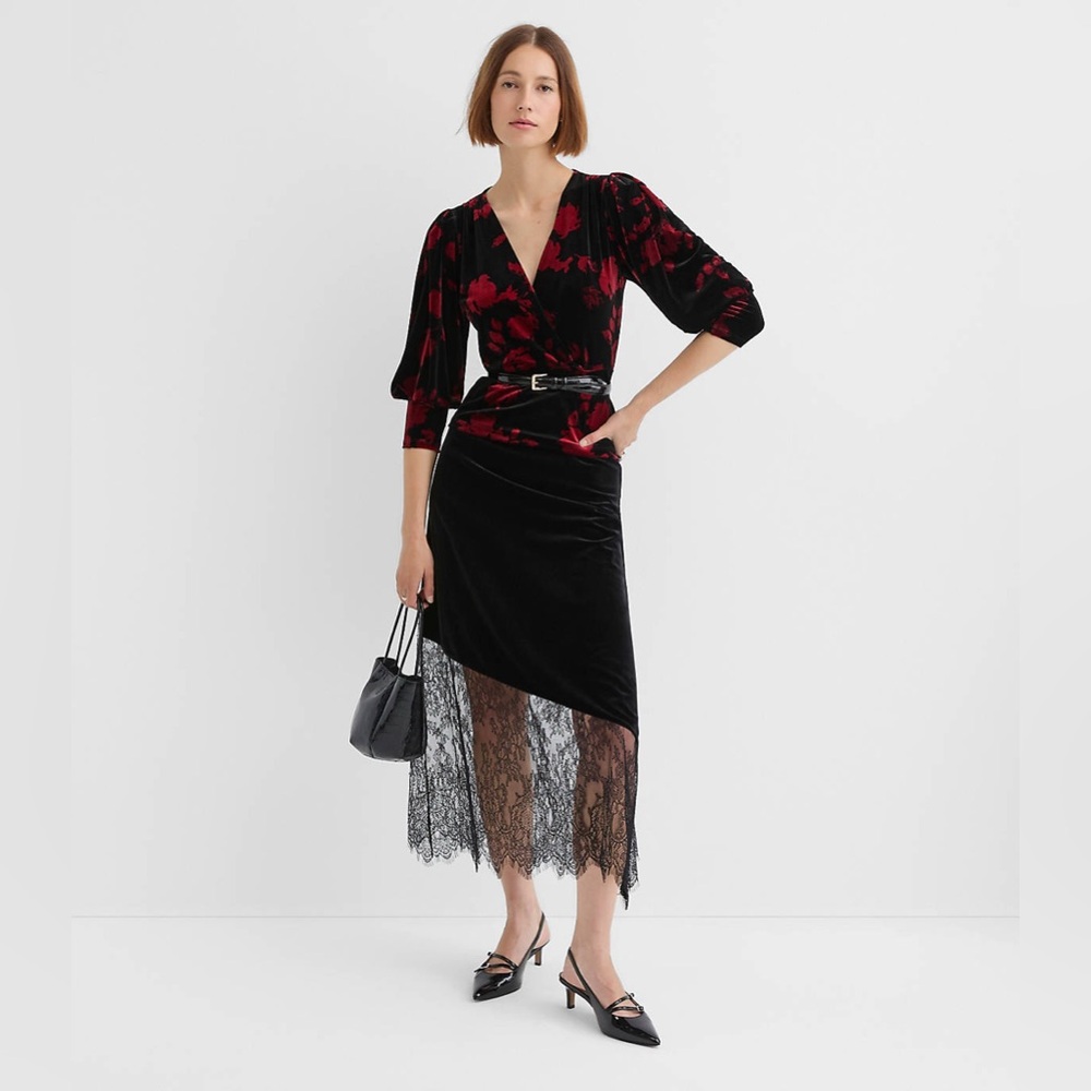 Loft NWT Petite Chantilly Lace Velvet Bias Sheer Midi Skirt- MP